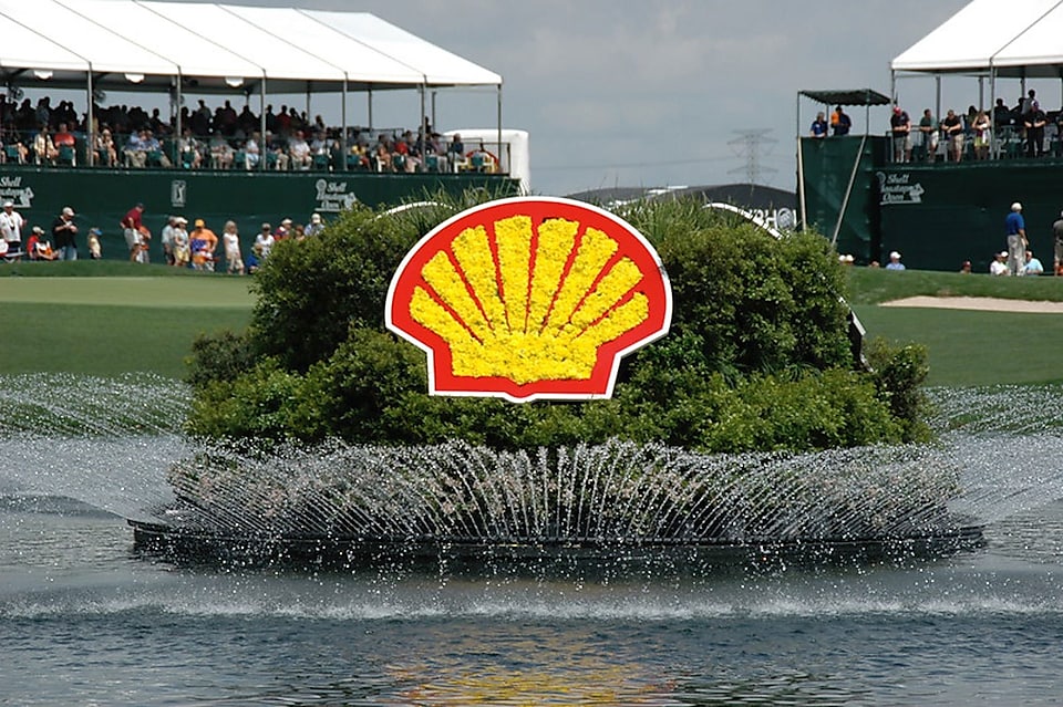 The iconic Shell logo floating adjacent to the 18th green at the Shell Houston Open