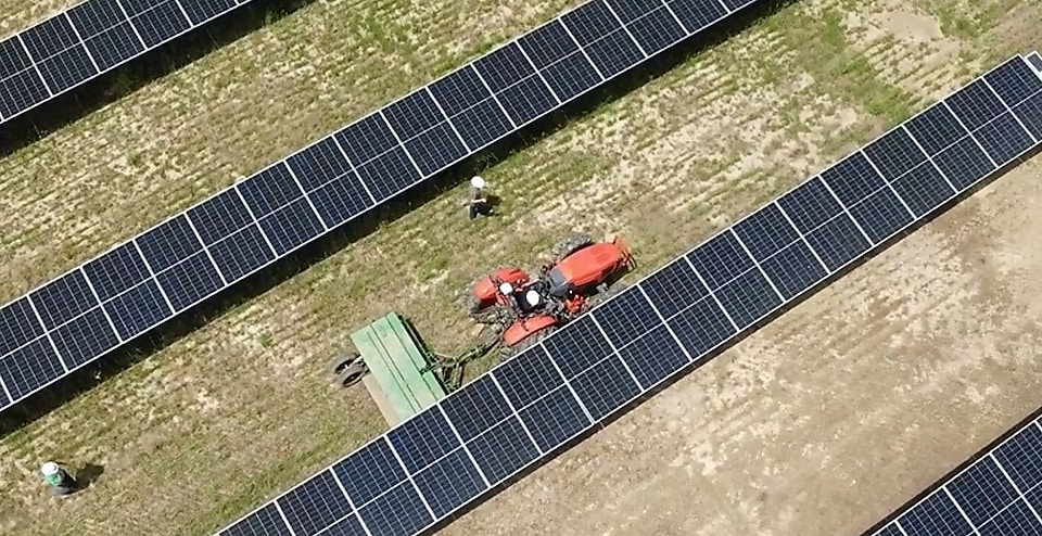overhead view of farming tractor pulling a combine between rows of solar panels.